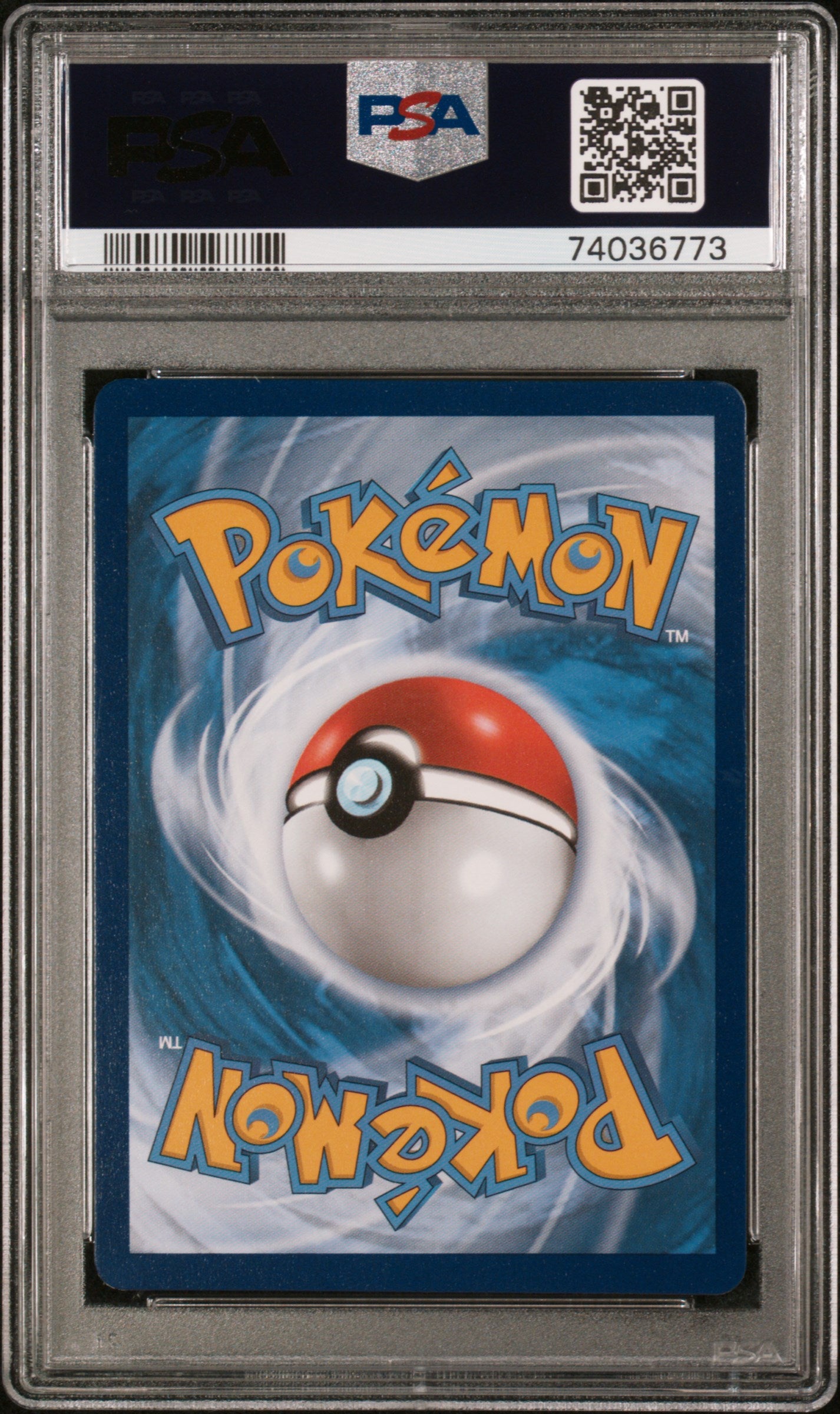 Pokémon trading card with a Poké Ball design, framed by a PSA and FSA grading sleeve.