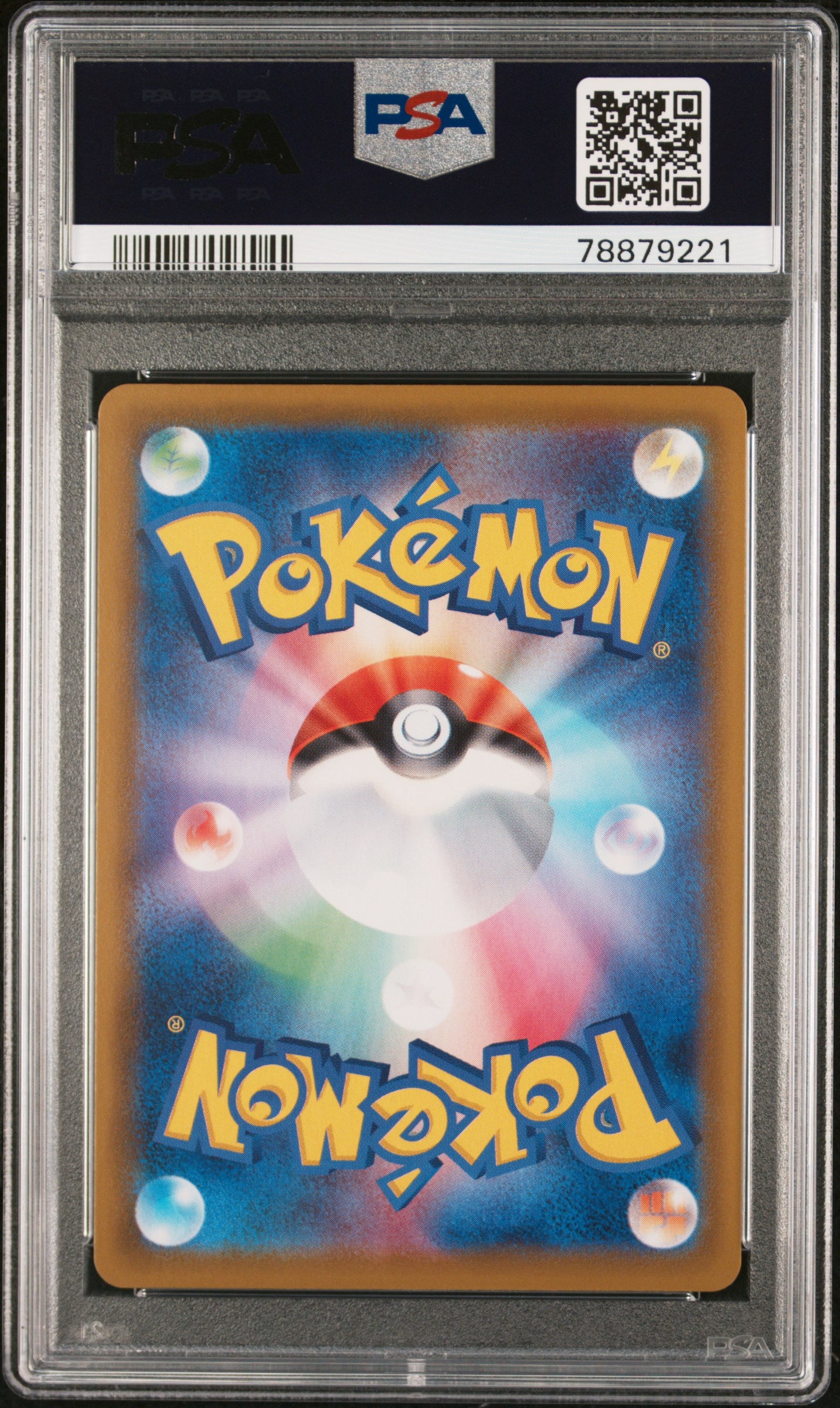 Pokémon trading card in a protective case with a PSA logo above it