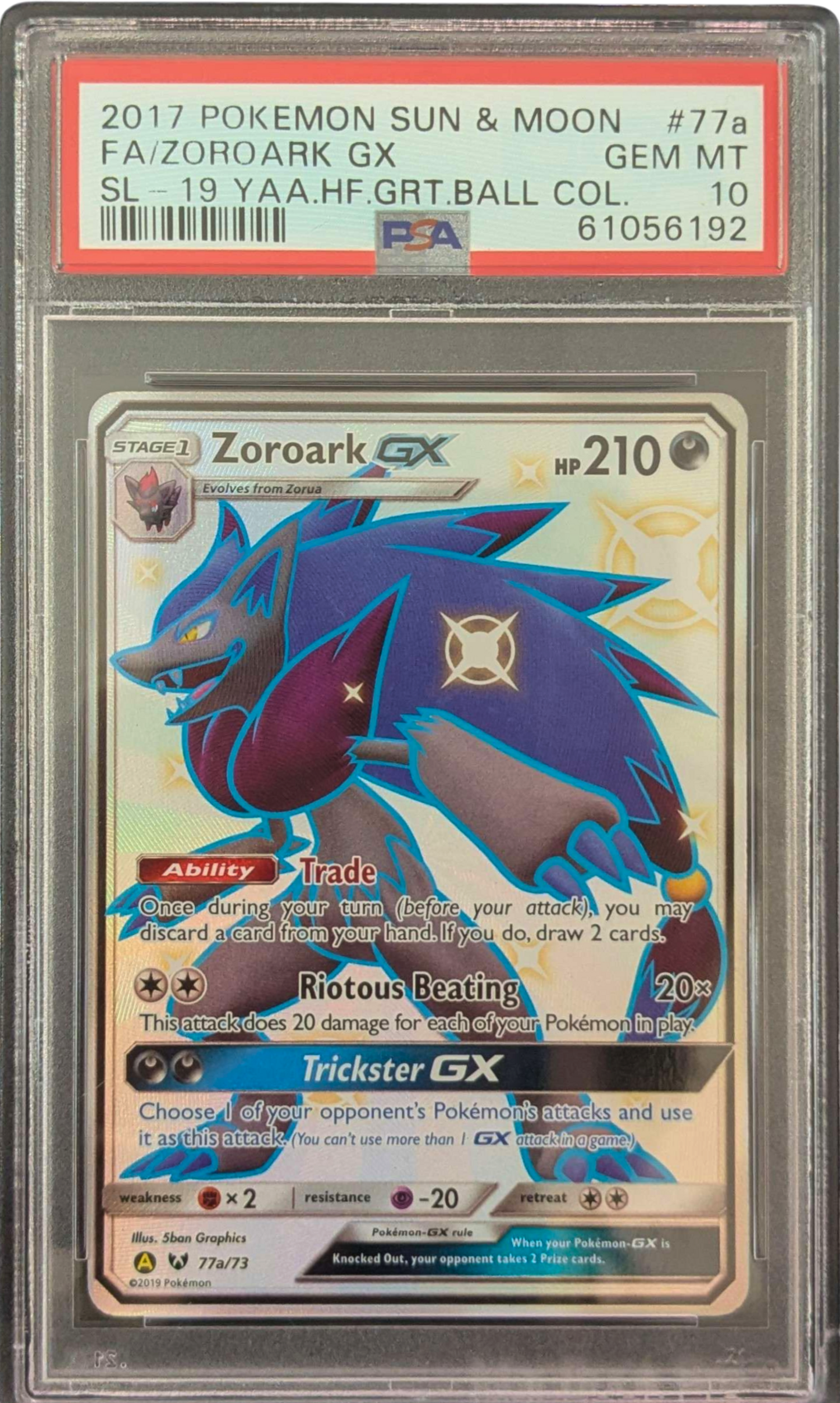 Pokémon trading card featuring Zoroark GX in a protective case with a PSA grading label.