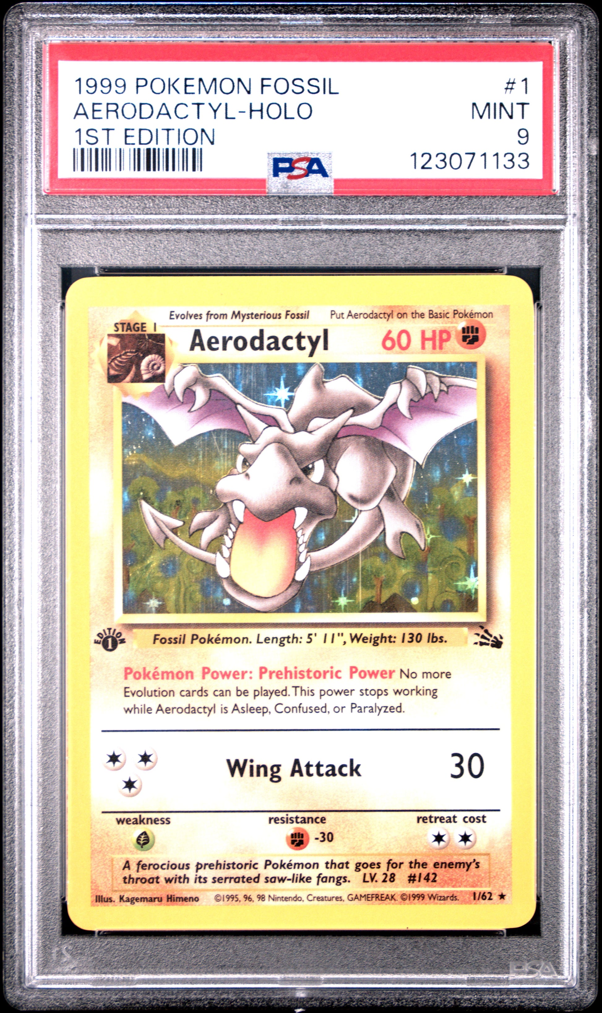 first edition fossil pokemon cards Aerodactyl Holo 1st Edition 1/62 PSA 9 1999 Pokemon Fossil Set English – Panfried Cards