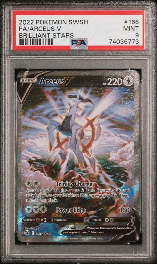 Pokémon trading card featuring Arceus V in a protective case with PSA grading label.