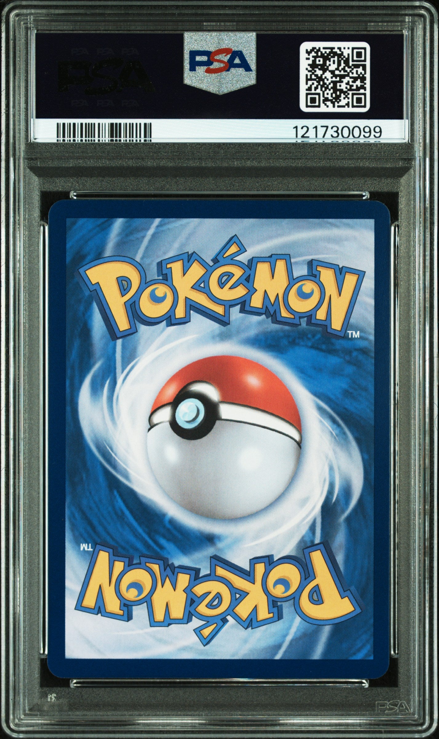 Pokémon trading card in a protective case with a PSA logo above it