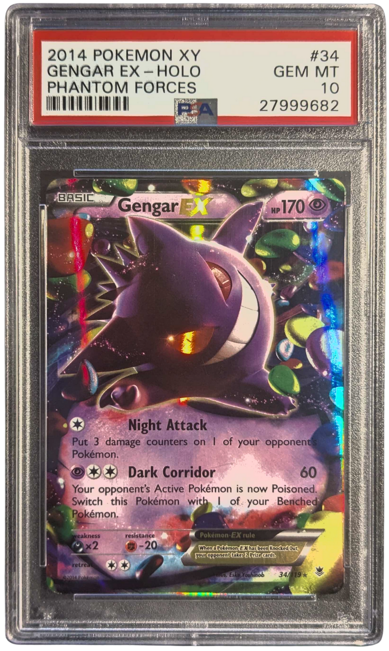 Pokémon trading card featuring Gengar EX with a holographic finish, encased in a protective frame.
