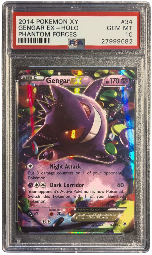 Pokémon trading card featuring Gengar EX with a holographic finish, encased in a protective frame.