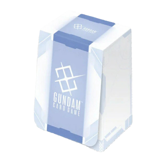 Gundam card game packaging with blue and white design on a white background