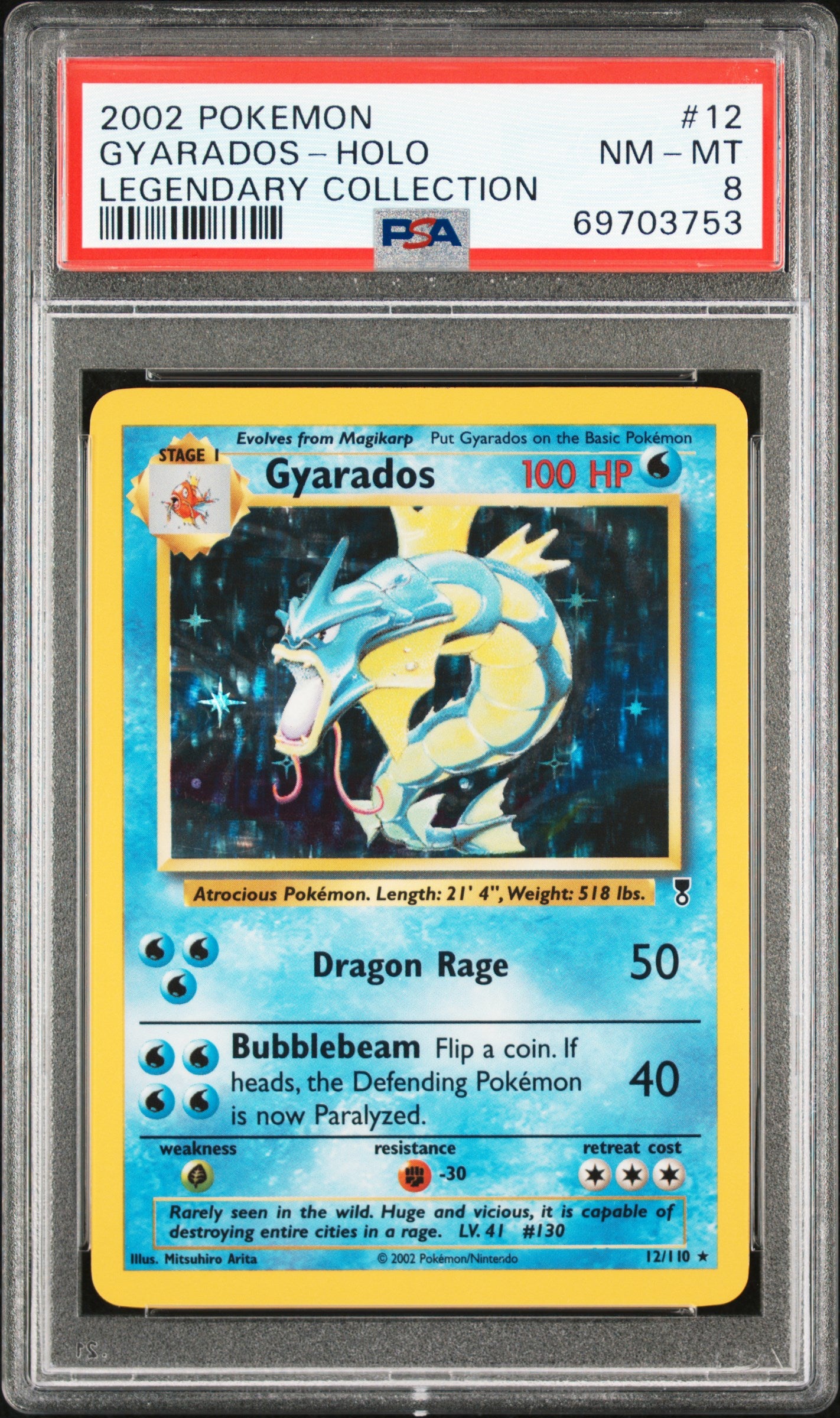 Pokémon Gyarados trading card in a protective case with PSA grading label