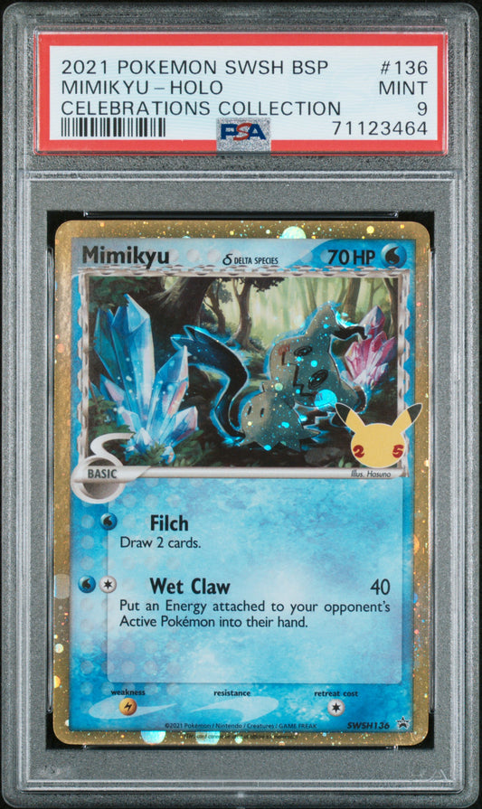 Pokémon trading card featuring Mimikyu in a protective case with PSA grading label