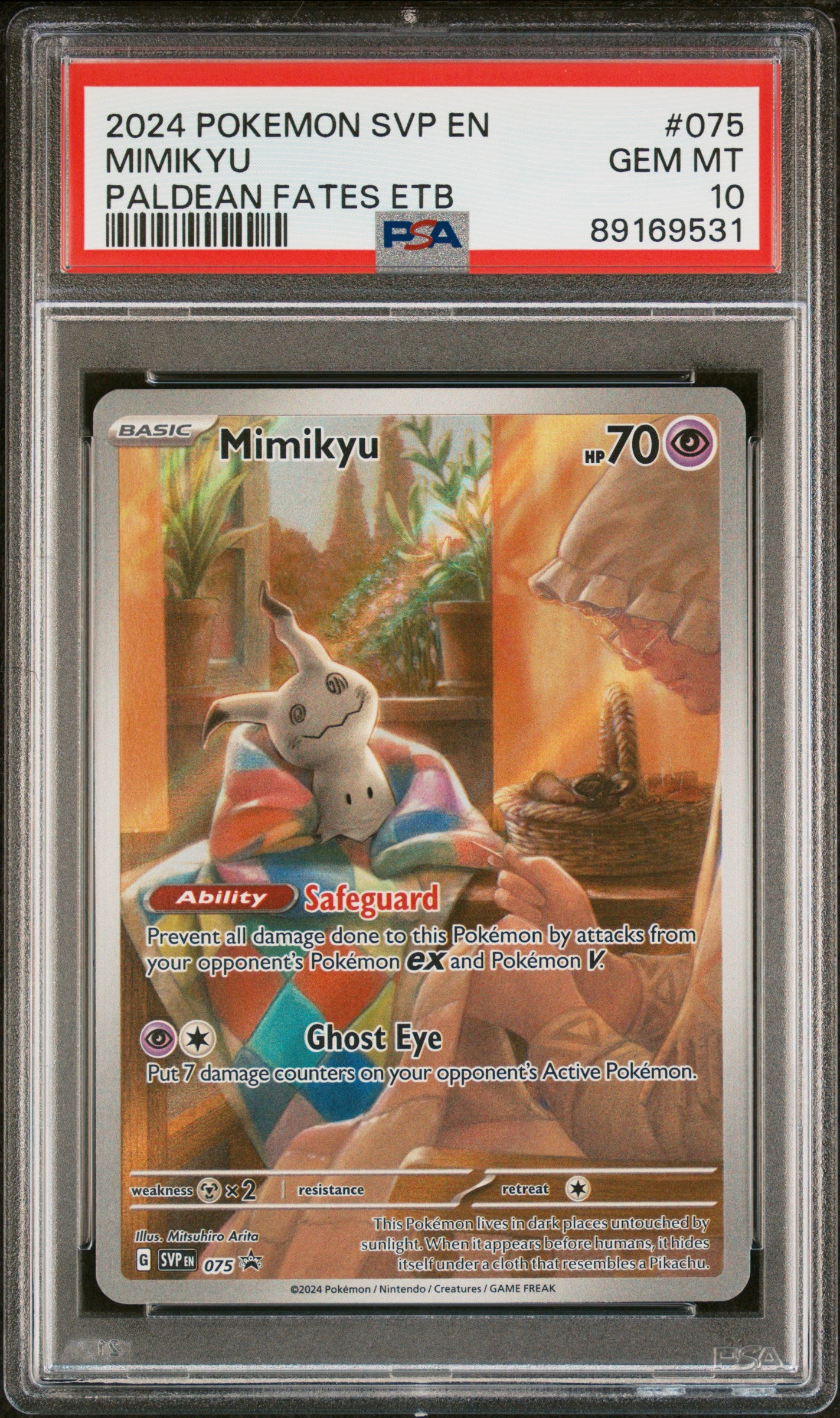 Pokémon trading card featuring Mimikyu in a protective case with a PSA label.