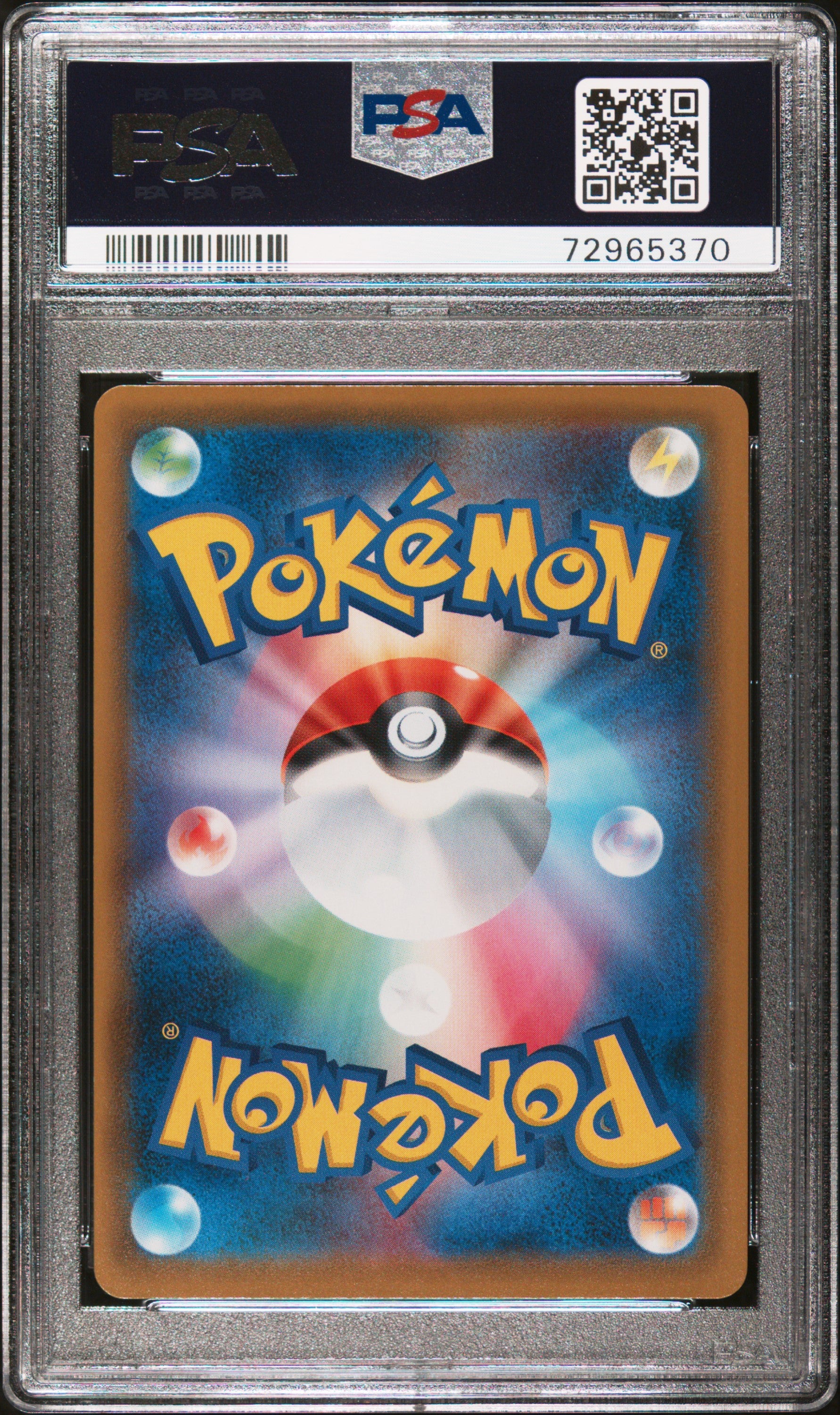 Pokémon trading card in a protective case with a PSA logo above it
