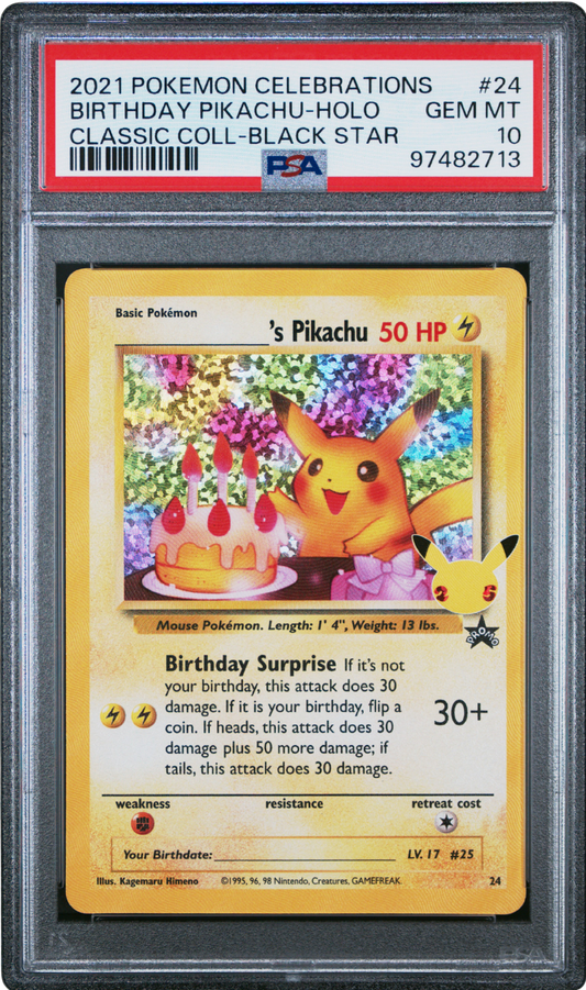 Pokémon trading card featuring Pikachu with a birthday cake in a protective case, graded by PSA.
