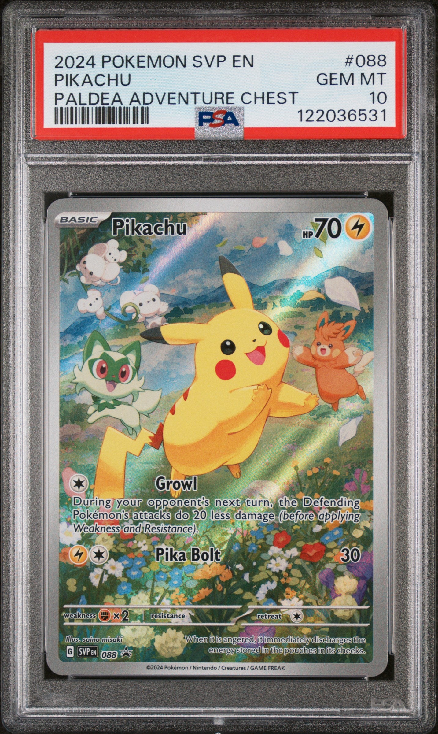 Pokémon trading card featuring Pikachu in a protective case with PSA grading label