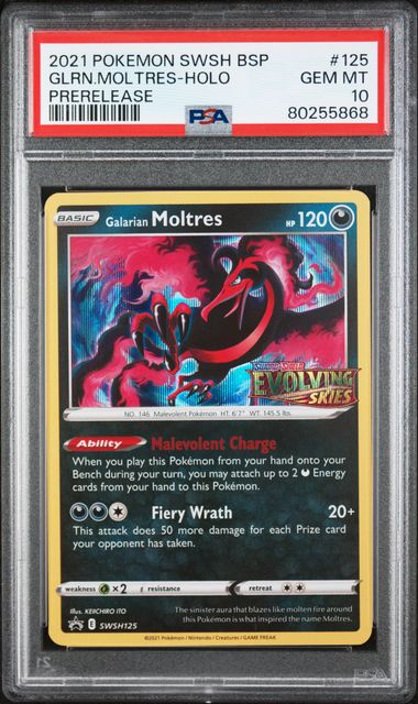 Galarian Moltres SWSH125 PSA 10 Pokemon Evolving Skies Pre Release Holo