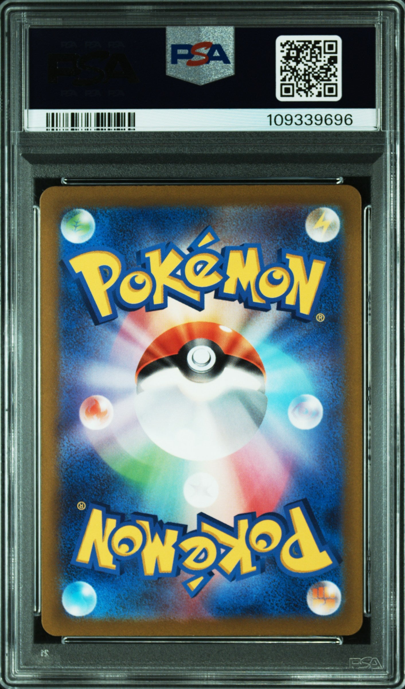 Pokémon trading card in a protective case with a PSA logo above it
