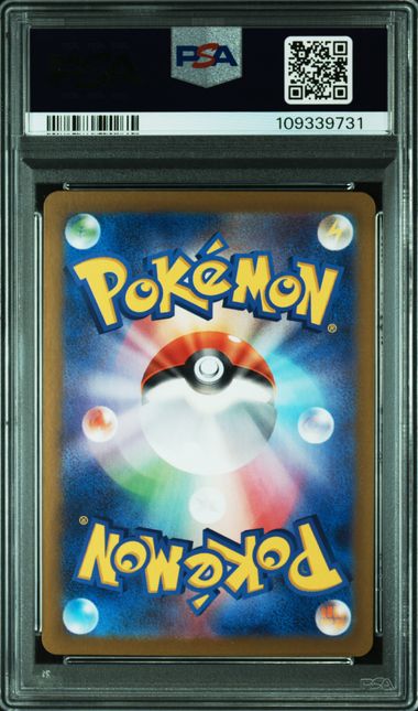 Pokémon trading card in a protective case with a PSA logo above it